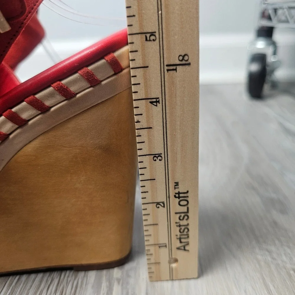 VC Signature Lene Wedge Sandals Women 8.5 Red Suede Wood Platform 70s Boho
